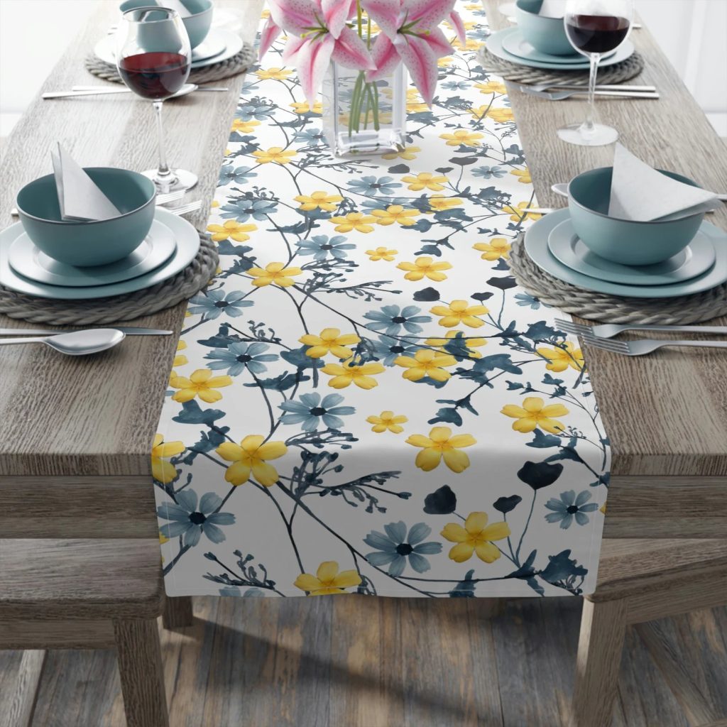 Navy Blue & Yellow Floral Table Runner