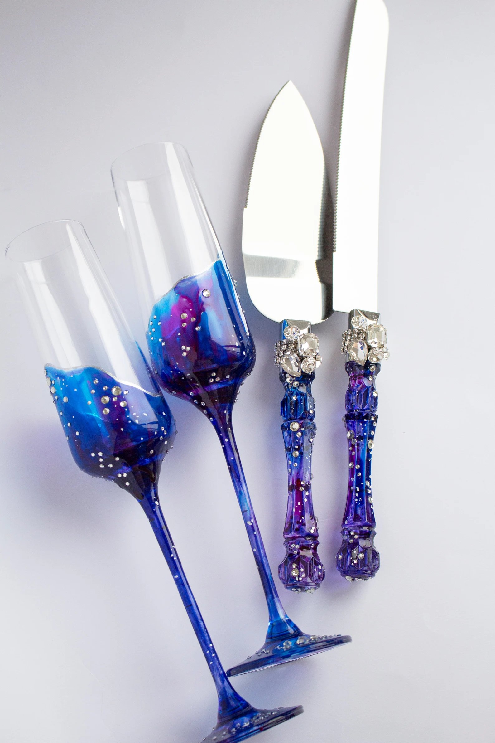 Celestial Wedding Galaxy Toasting Flutes & Cake Server Set