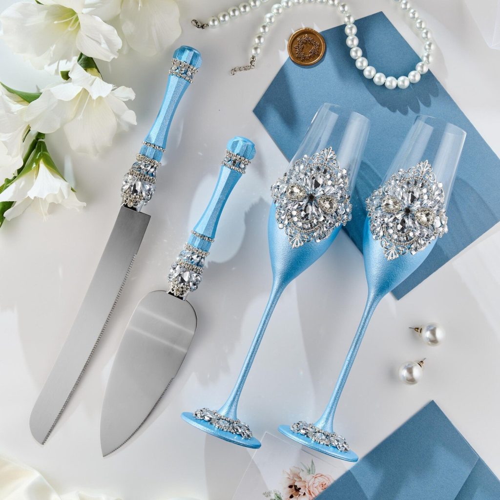 Sky Blue Cinderella Wedding Toasting Flutes & Cake Server Set