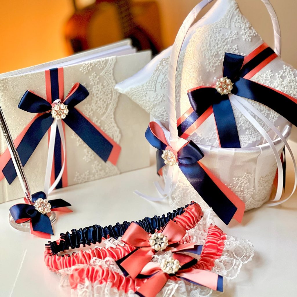 Navy & Coral Guestbook, Flower Girl Basket, Ring Bearer Pillow, and Bridal Garter Set