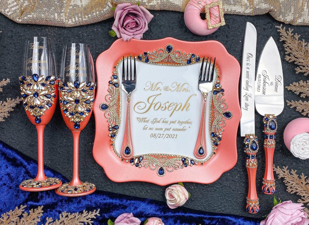Coral & Navy Toasting Flutes, Cake Server set
