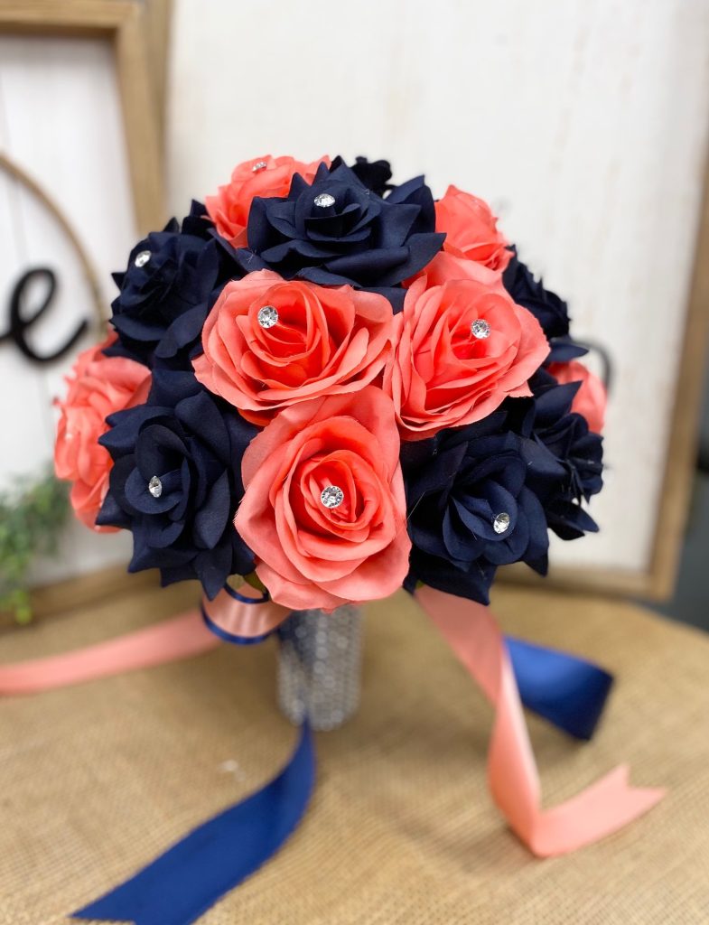 Navy & Coral Bridal Flower Bouquet