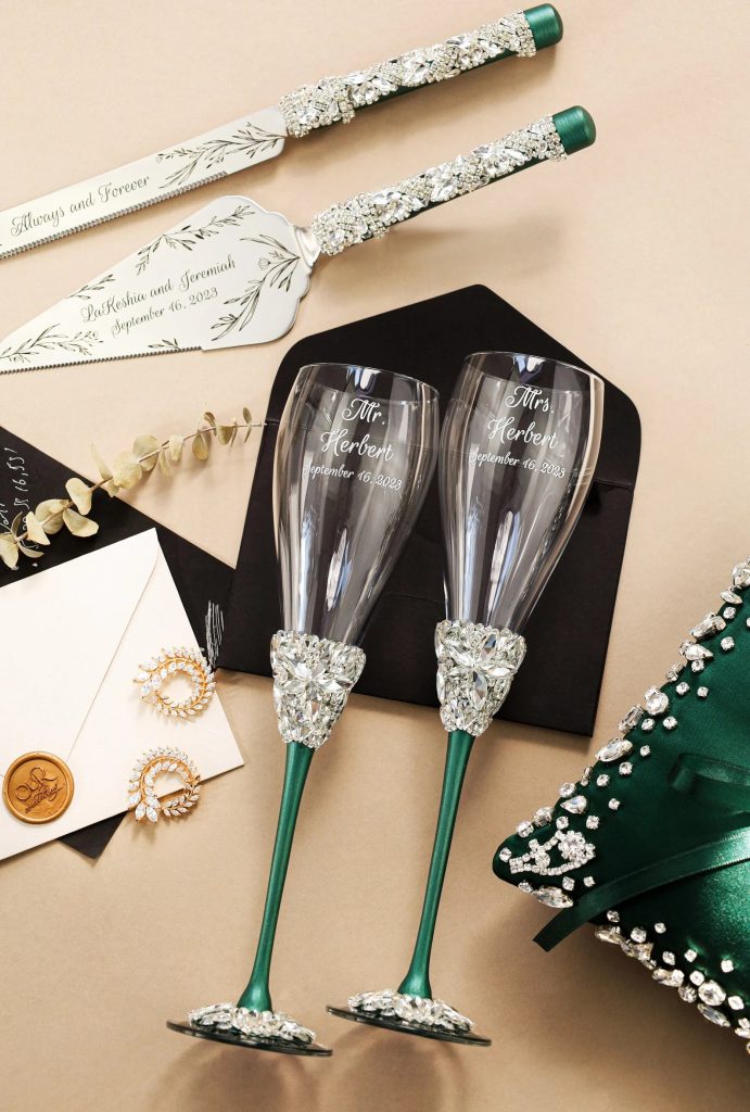 Emerald Green Wedding Toasting Flutes & Cake Server Set