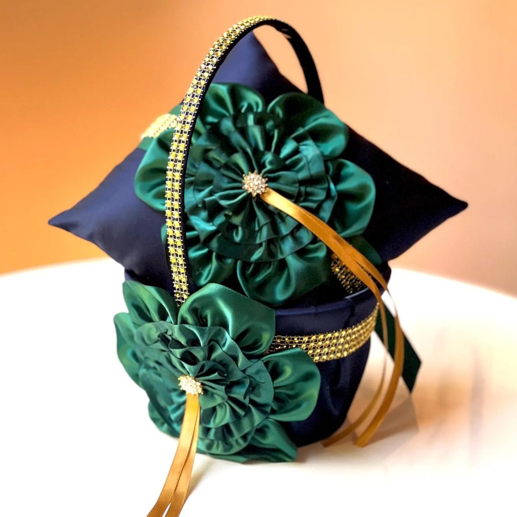 Green - Navy Flower Girl Basket & Ring Bearer Pillow