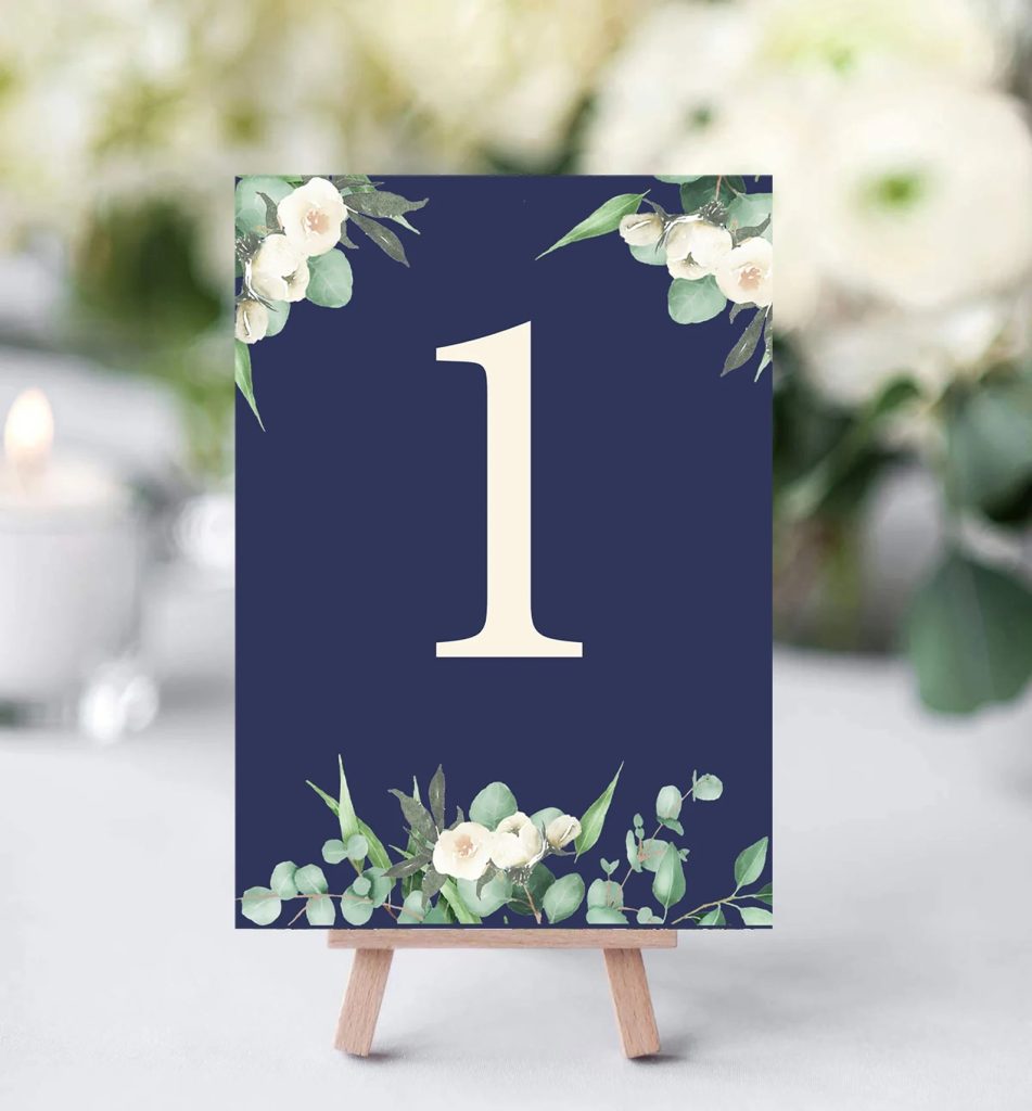 Navy & Eucalyptus Foliage Table Number Card