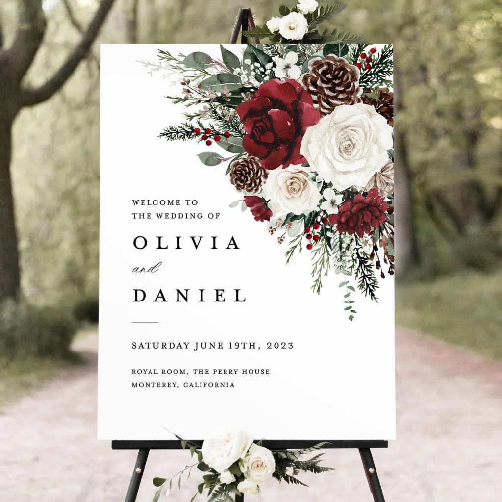 Burgundy Flower Winter Wedding Welcome Sign