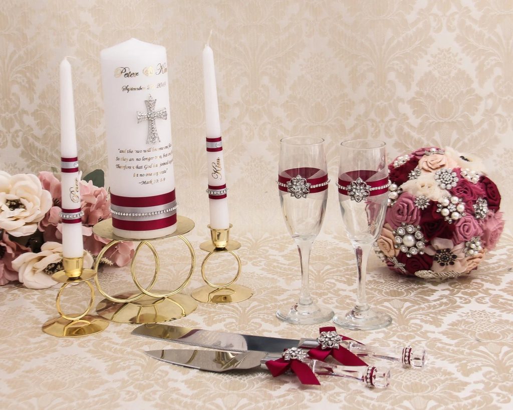 Burgundy & Silver Winter Wonderland Wedding Toasting-Flutes, Cake Server Set & Unity Candy Set
