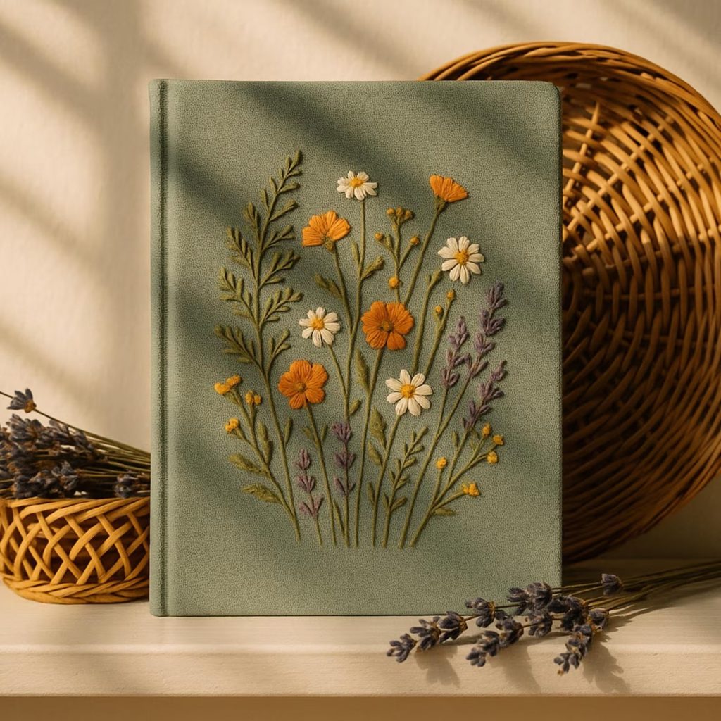 Sage Green Linen Journal with Wildflower Embroidery