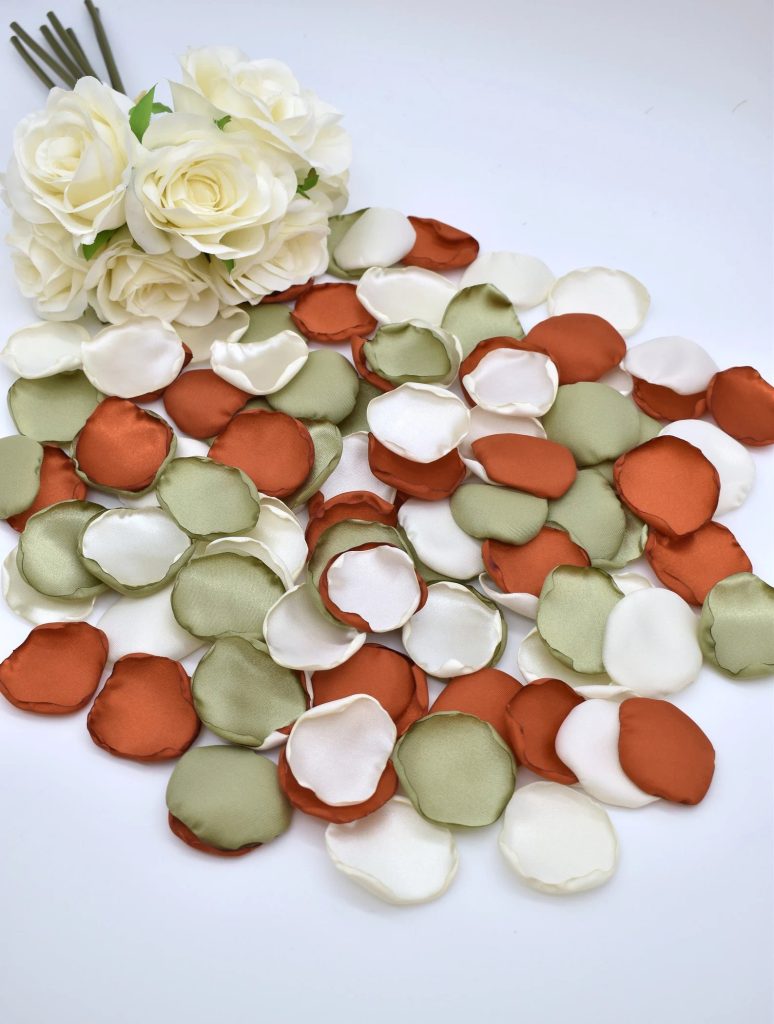 Terracotta, Sage Green & Ivory Satin Rose Petals