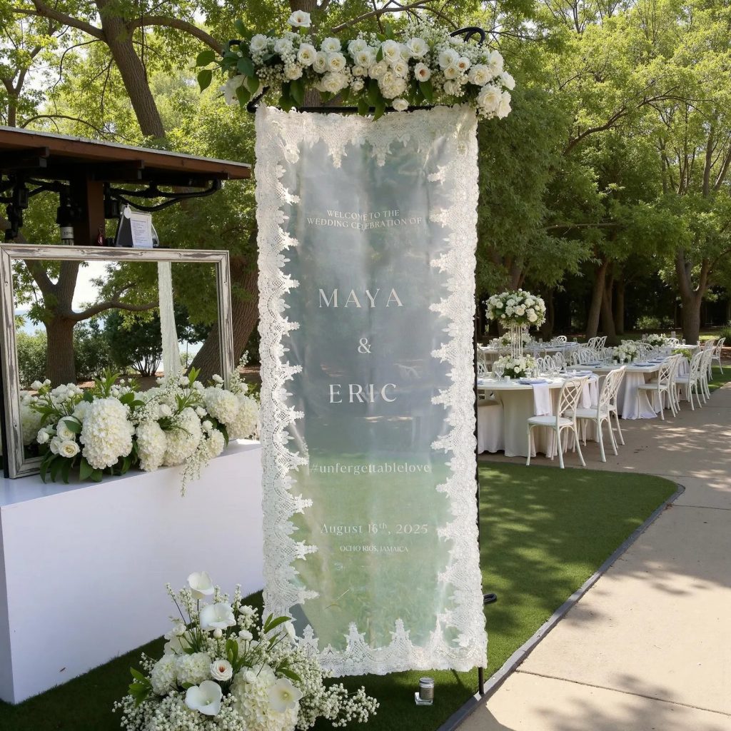 Bohemian-Romantic Laced Sheer Wedding Welcome Sign