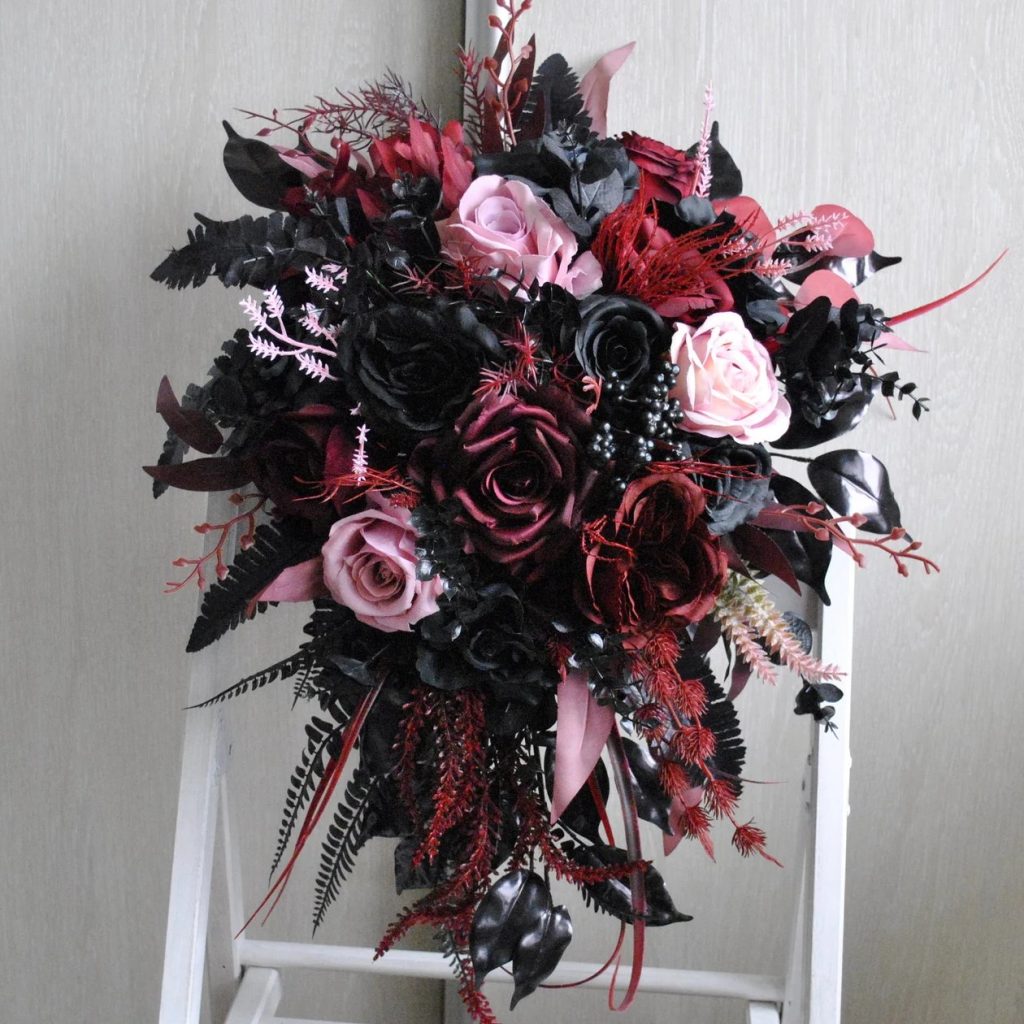 Black & Burgundy Cascading Bridal Bouquet