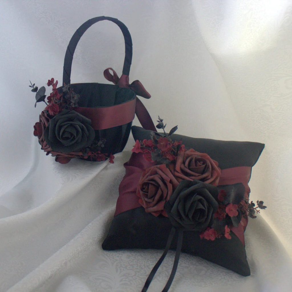 Dark Romantic Wedding Black & Burgundy Flower Girl Basket & Ring Bearer Pillow