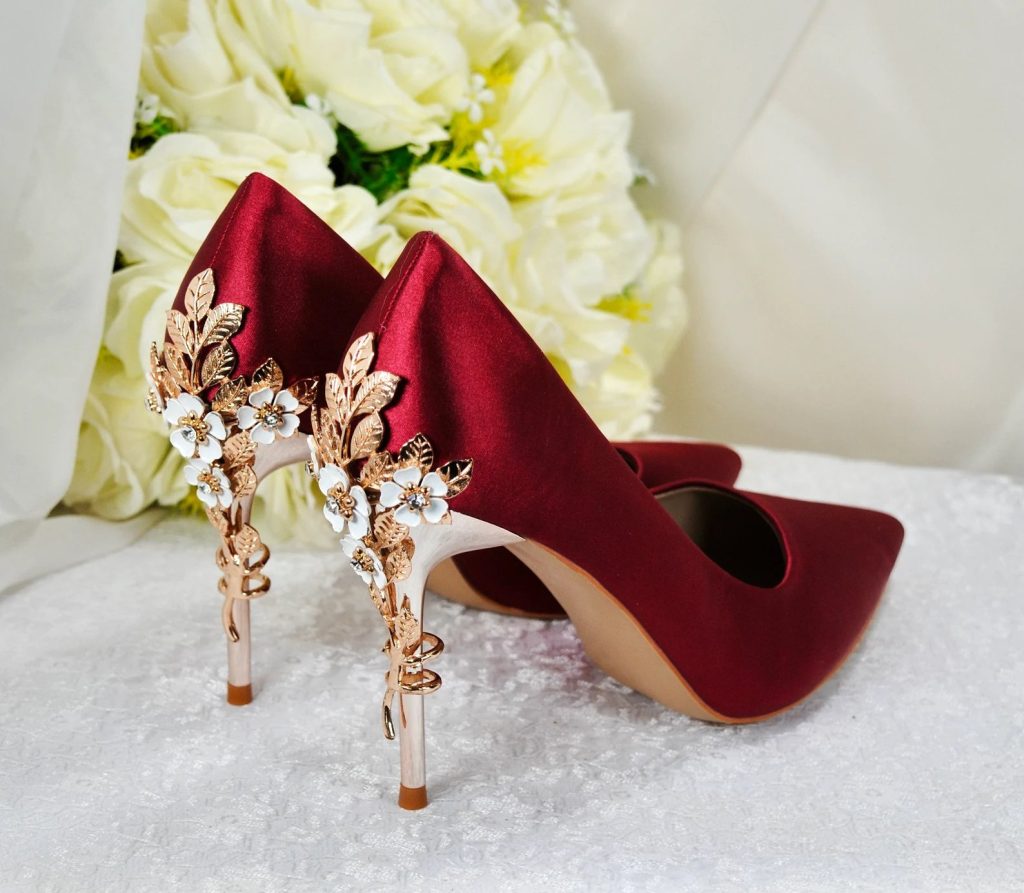Burgundy Satin Wedding Shoes With Cherry Blossom Stiletto Heel