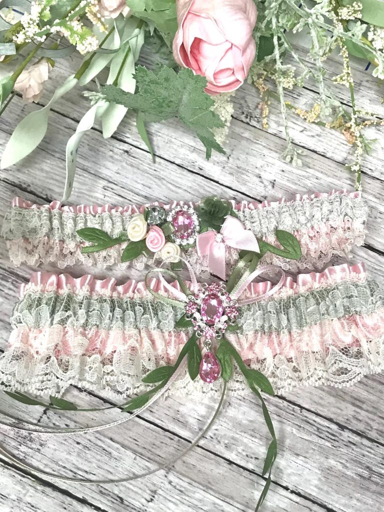 Pink, Sage and Ivory Bridal Garter set