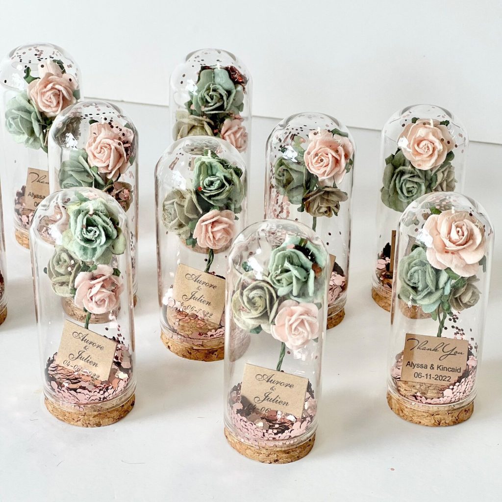 Dusty-Rose & Sage Green Glass Dome Paper Flower Wedding Favors