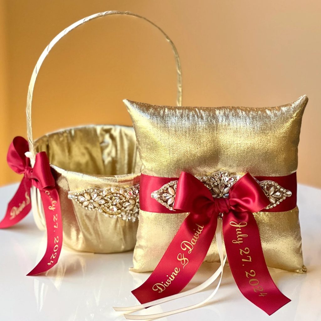 Red and Gold Flower Girl Basket & Ring Bearer Pillow