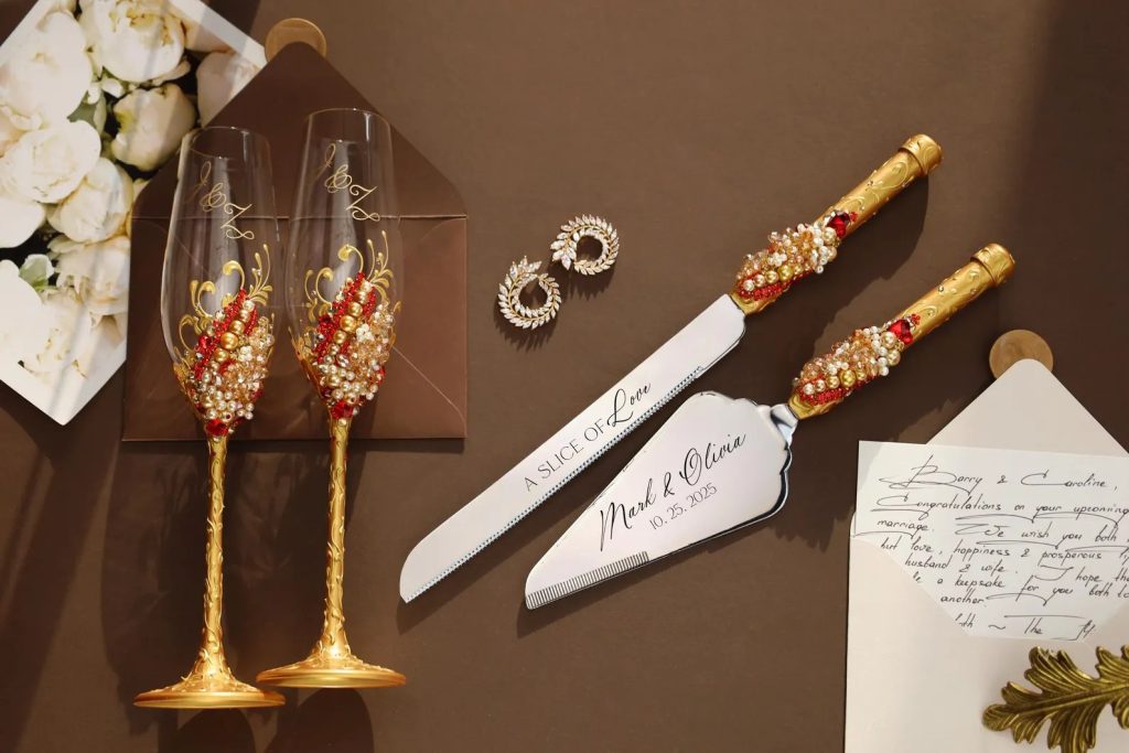 Deep Red & Gold Wedding Toasting Flutes and Cake Ser Set