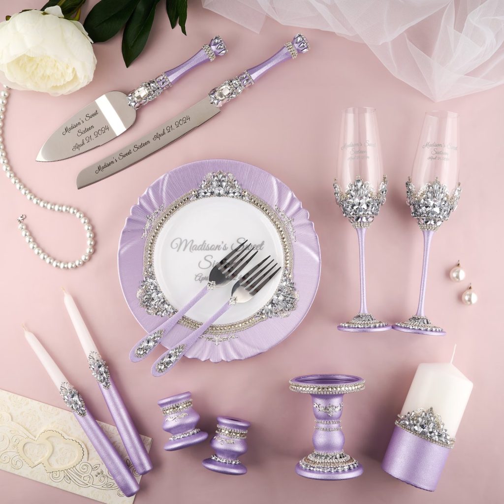 Purple Wedding Toasting Flutes, Cake Server Set & Accessories