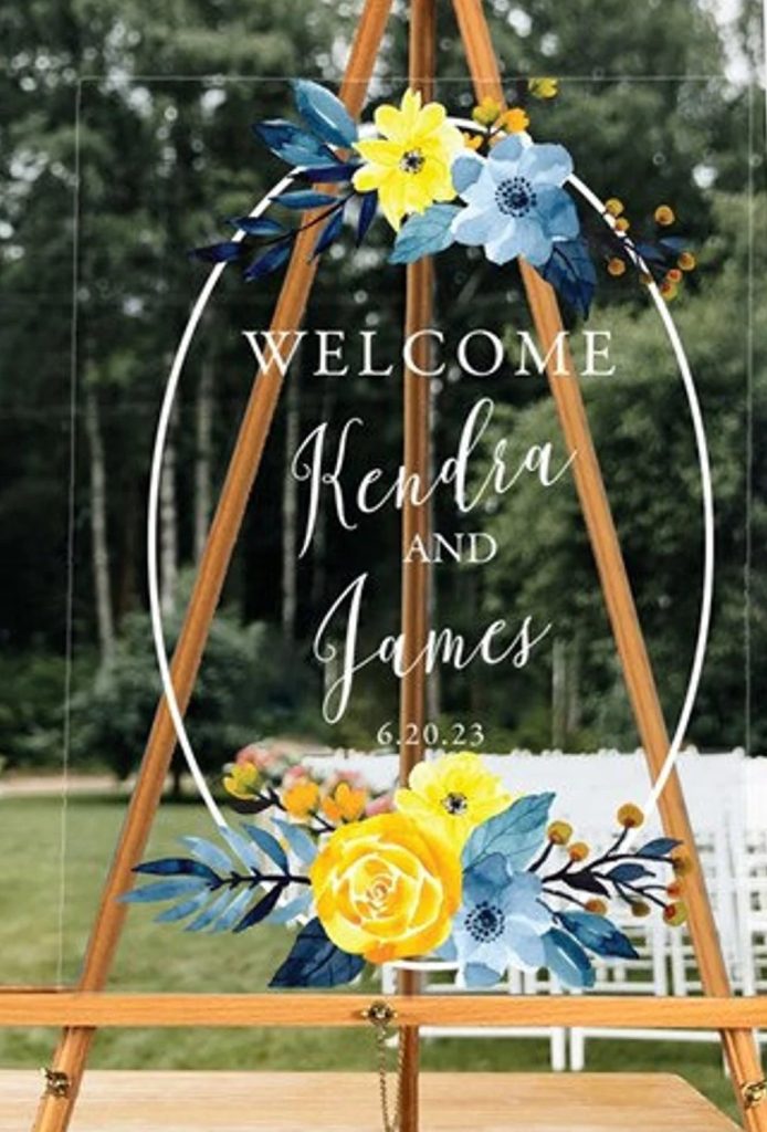 Personalized Blue Floral and Yellow Acrylic Wedding Welcome Sign