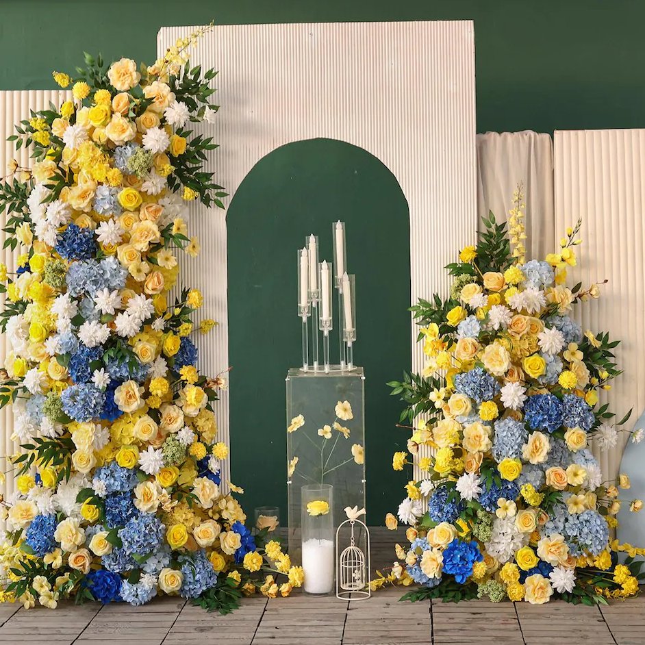 Dusty Blue & Yellow Wedding Arch Flower Arrangement