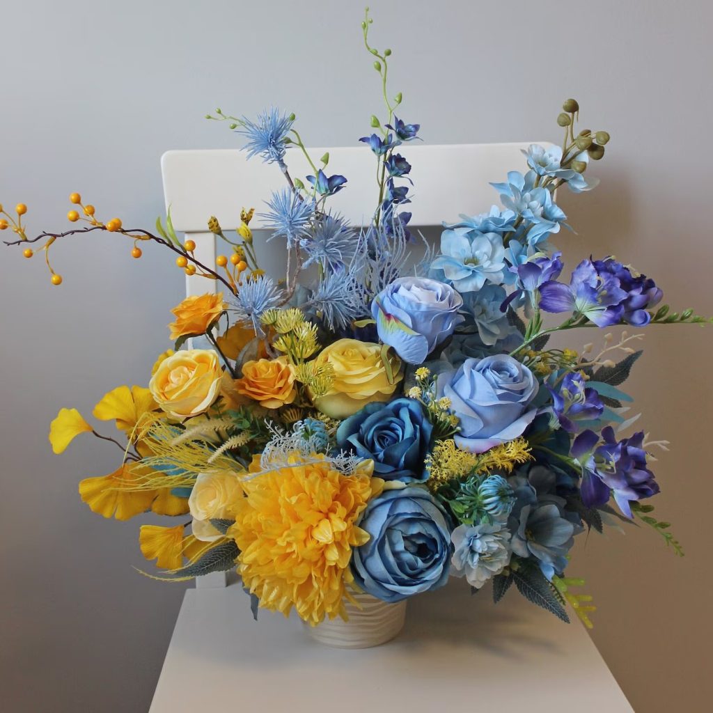 Dusty Blue & Yellow Wedding Flower Table Centerpiece