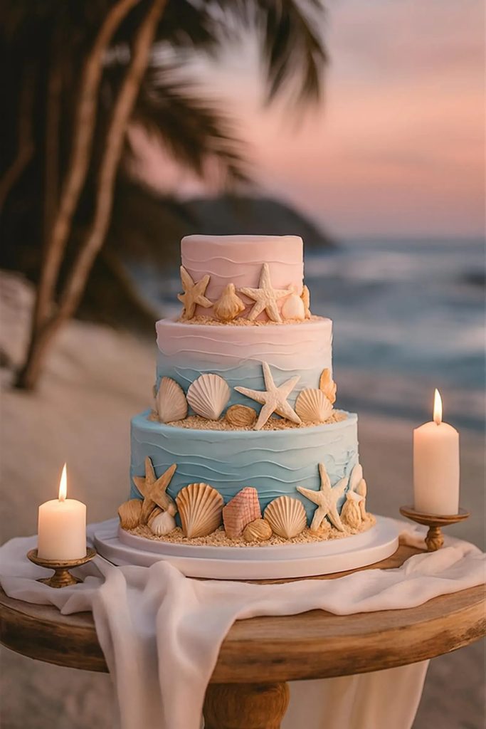 Fondant Seashells & Starfish Nautical Chic Wedding Cake Decor