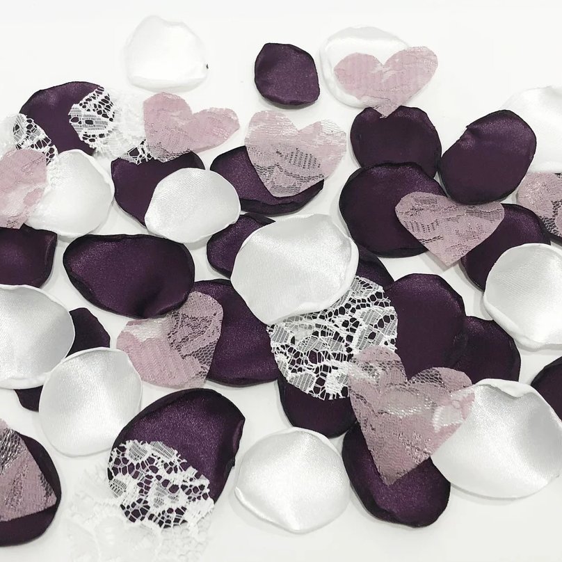 Plum & White Lace Satin Rose Petals