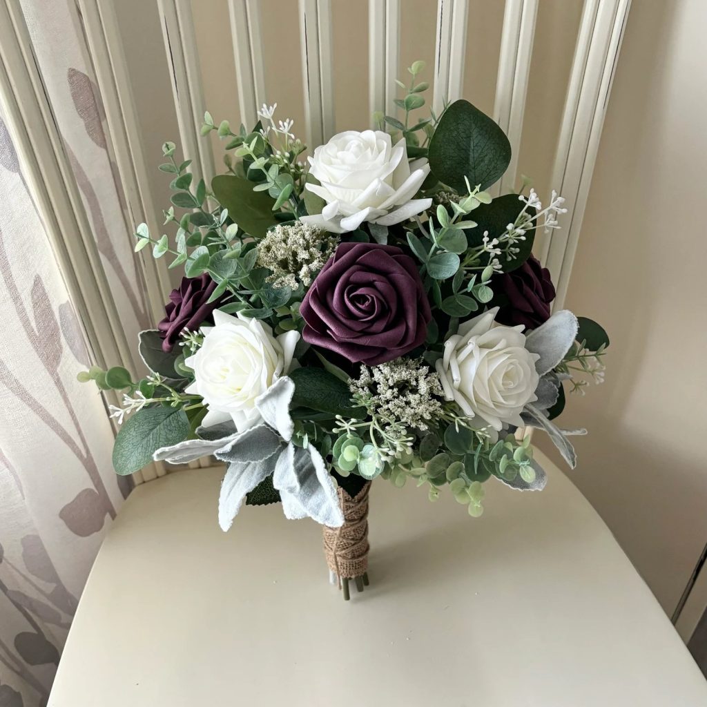 Plum & White Roses Bridal Fower Bouquet