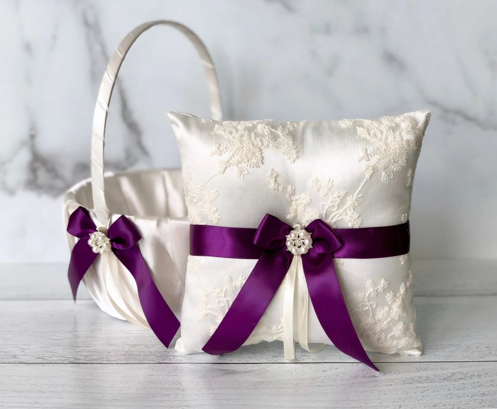 Plum Flower Girl Basket & Ring Bearer Pillow