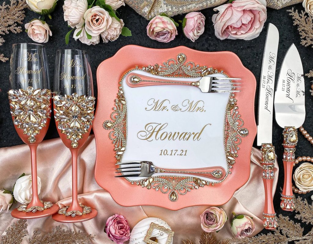Coral Wedding Toasting Flutes & Cake Accessories
