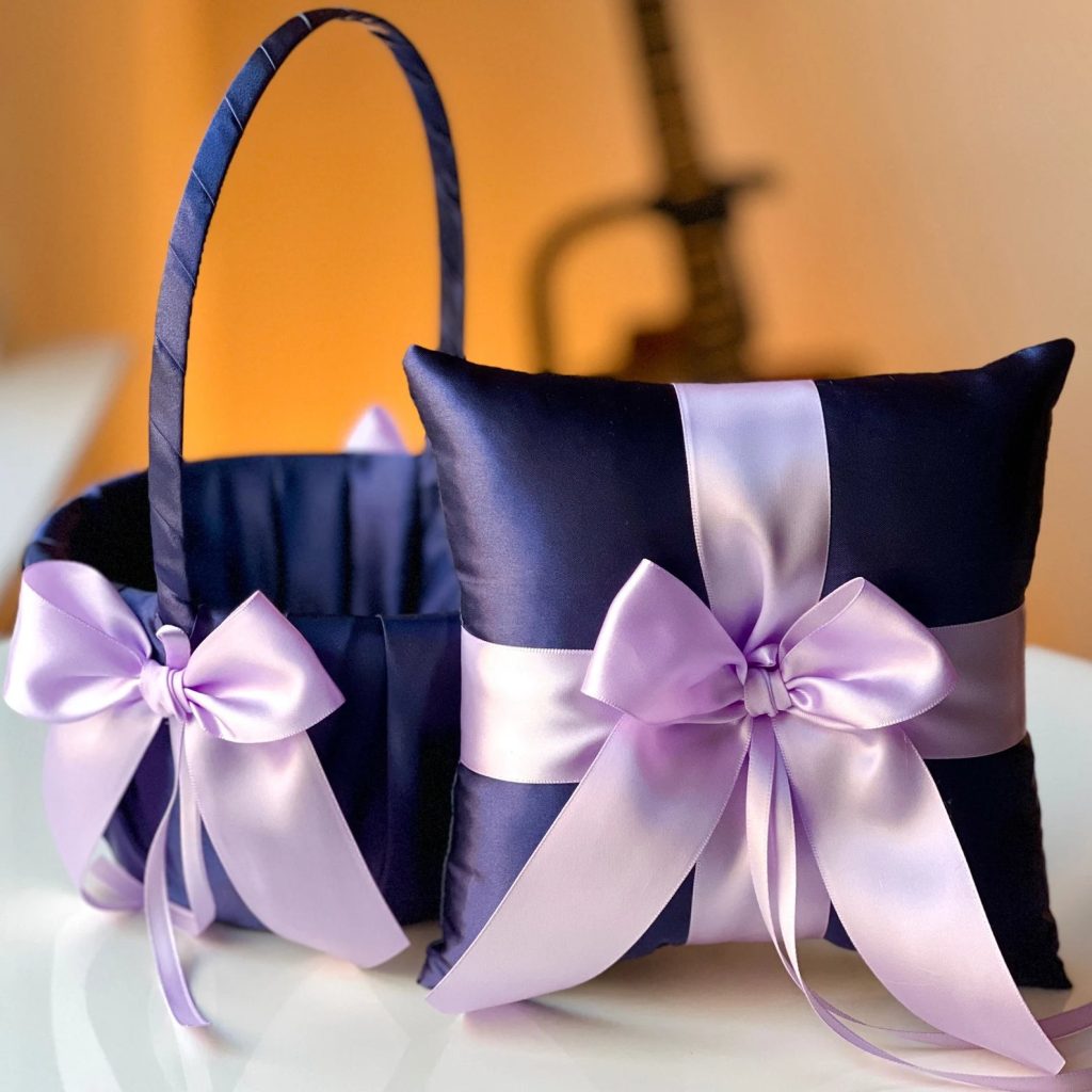 Lavender & Navy Blue Ring Bearer Pillow and Flower Girl Basket