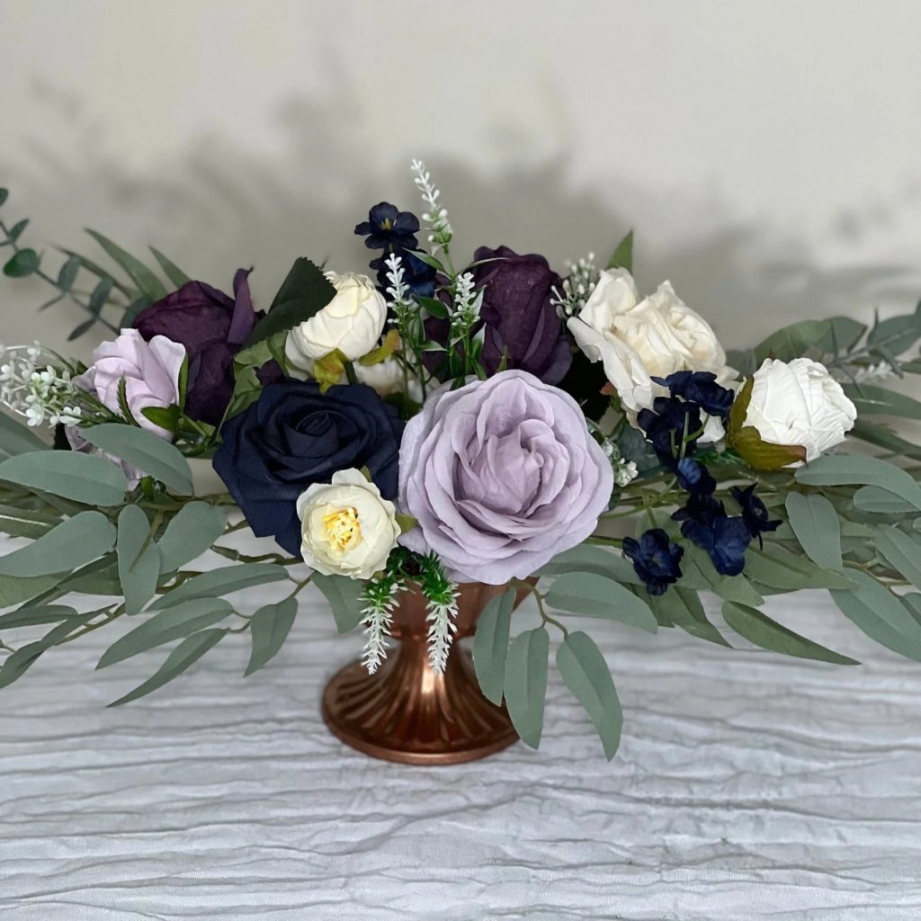 Lavender & Navy Flower Wedding Table Centerpiece
