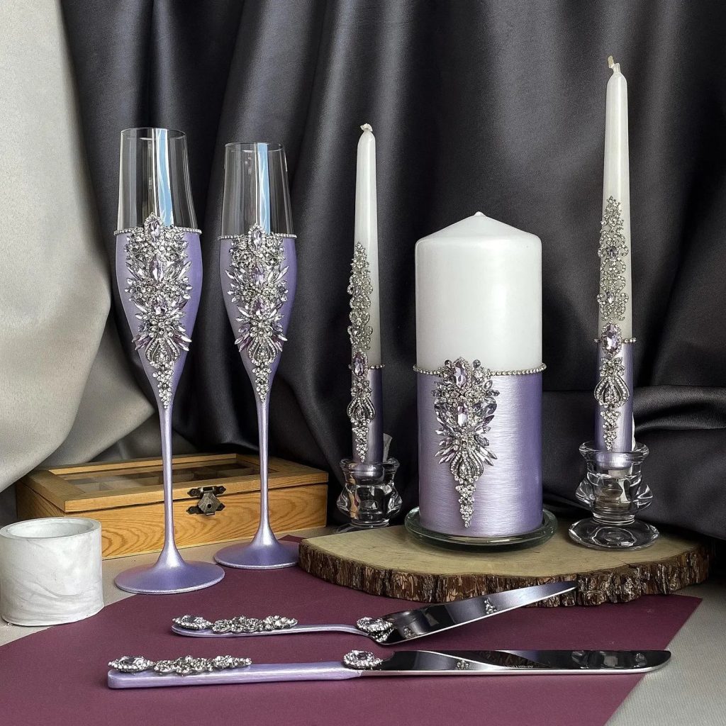 Lavender Toasting Flutes, Cake Server Set, and Unity Candle Set