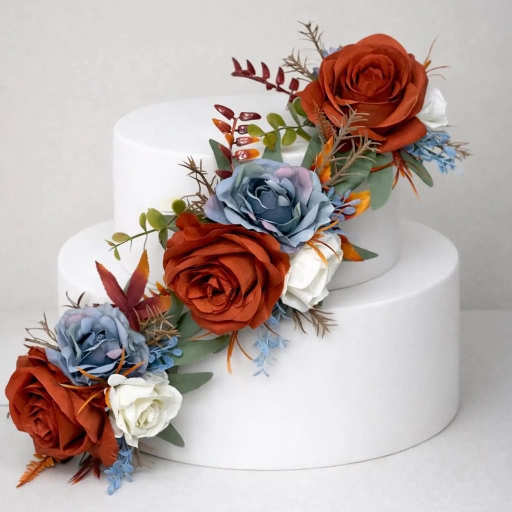 Terracotta & Dust Blue Wedding Cake Flower Decor
