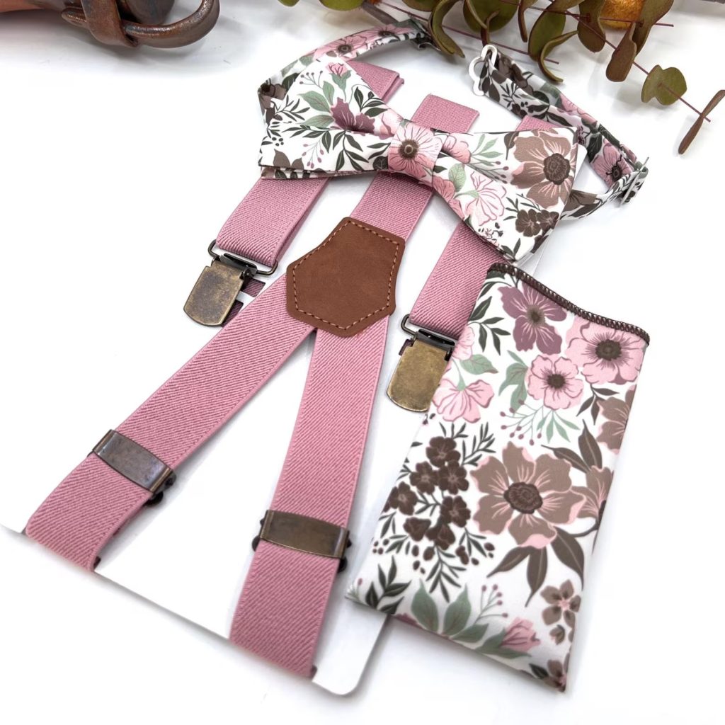 Pink Floral & Brown Bow Tie & Suspender Set