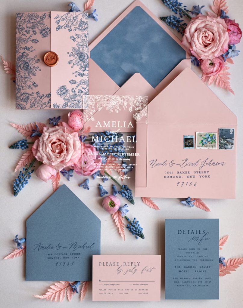 Blush Pink & Ice Blue Wedding Acrylic Invitation Suite