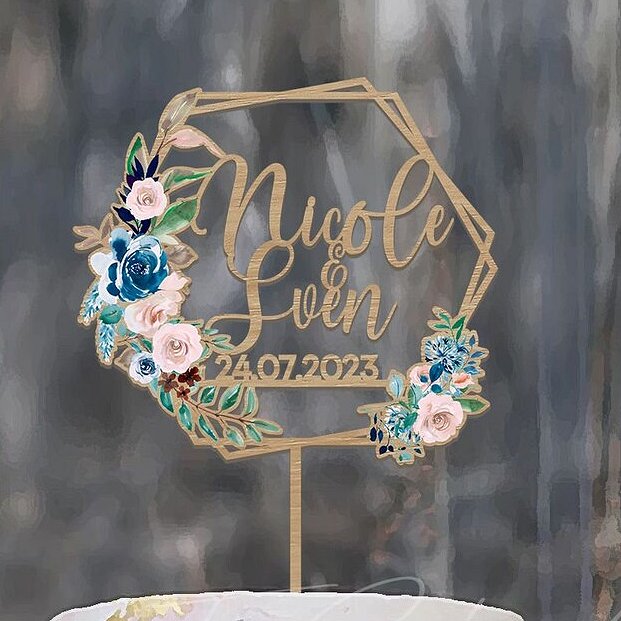 Floral Blue & Pink Wedding Cake Topper