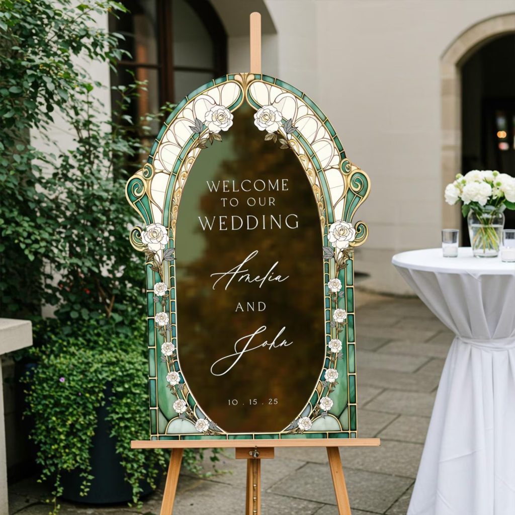 Sage Green Stained Glass Wedding Welcome Sign