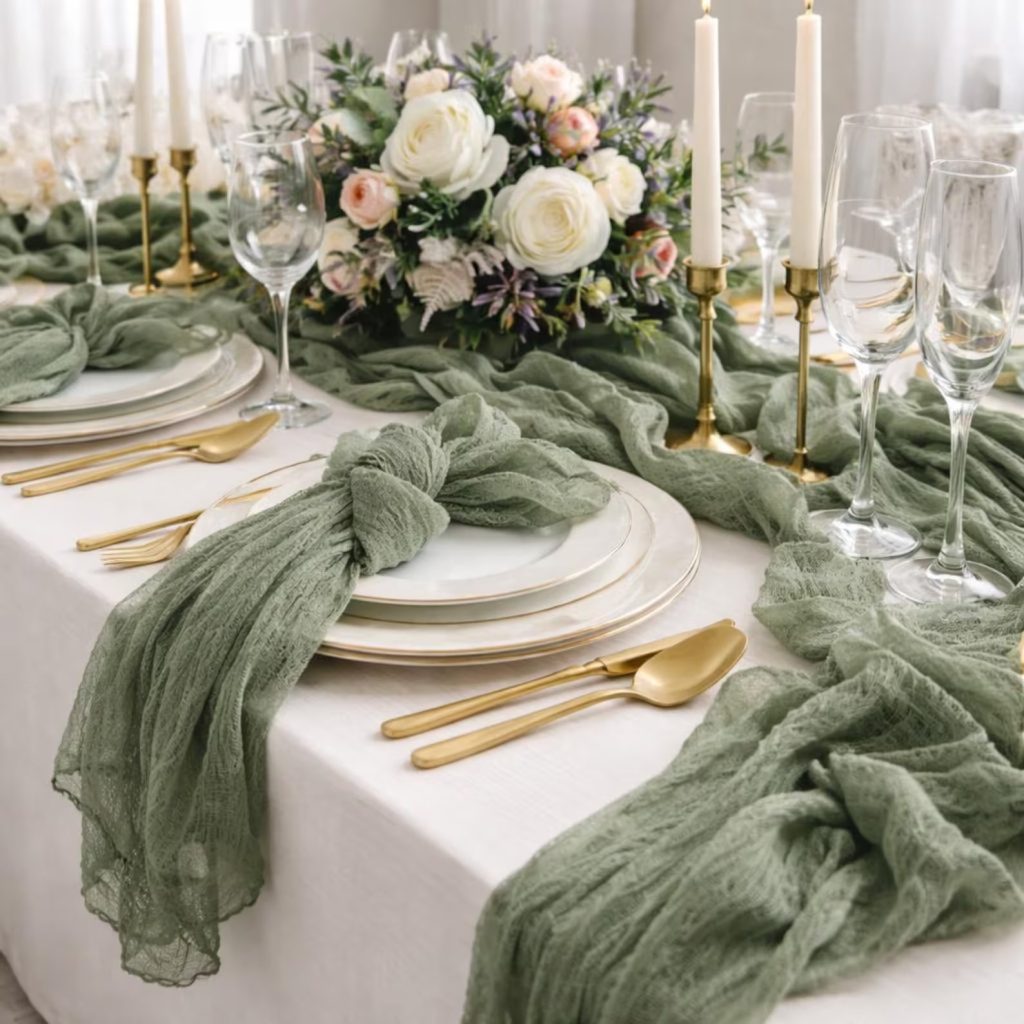 Sage Green Wedding Table Runner & Napkins