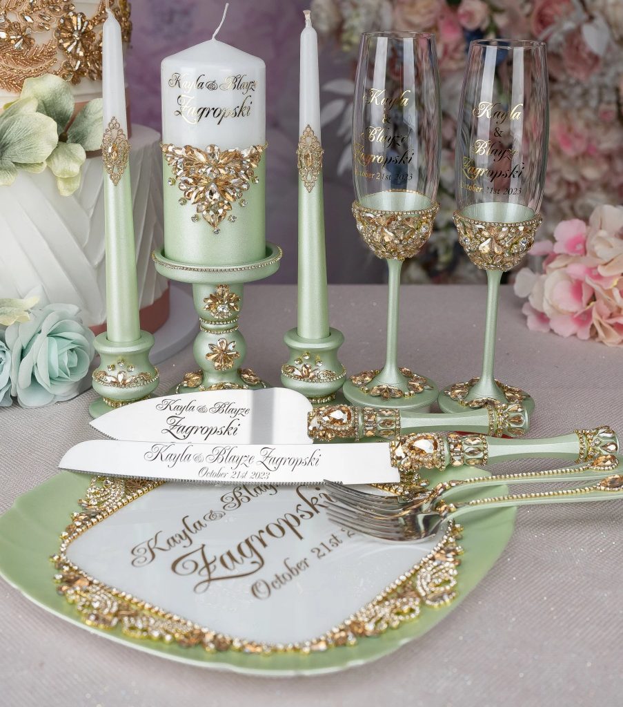 Sage Green Wedding Toasting Flutes & Cake Server Set
