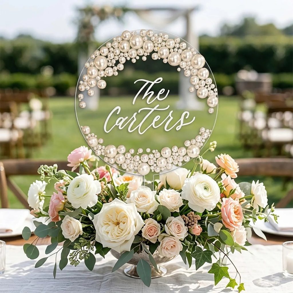 Wedding cake topper with pearl accents and modern Pearlcore style