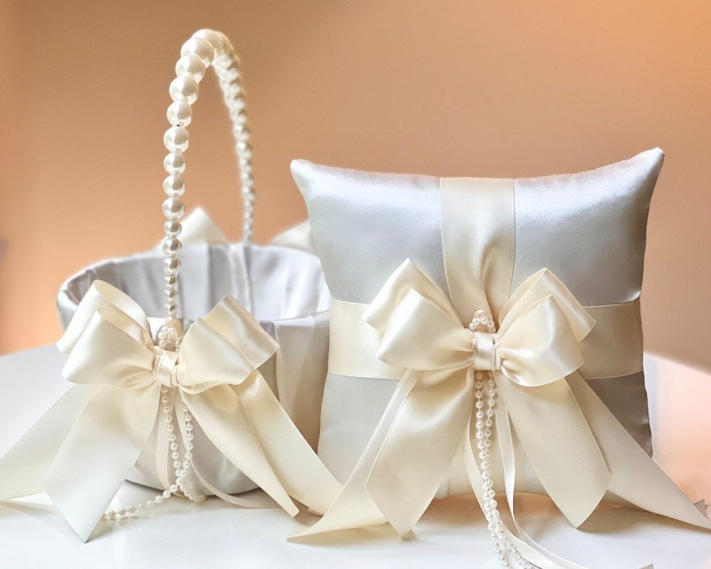 Ivory Beaded Flower Girl Basket & ring Bearer Pillow