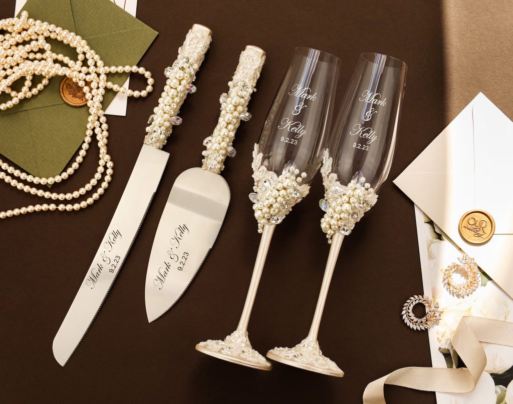 Ivory Pearl Wedding Toasting Flutes & Cake Server Set