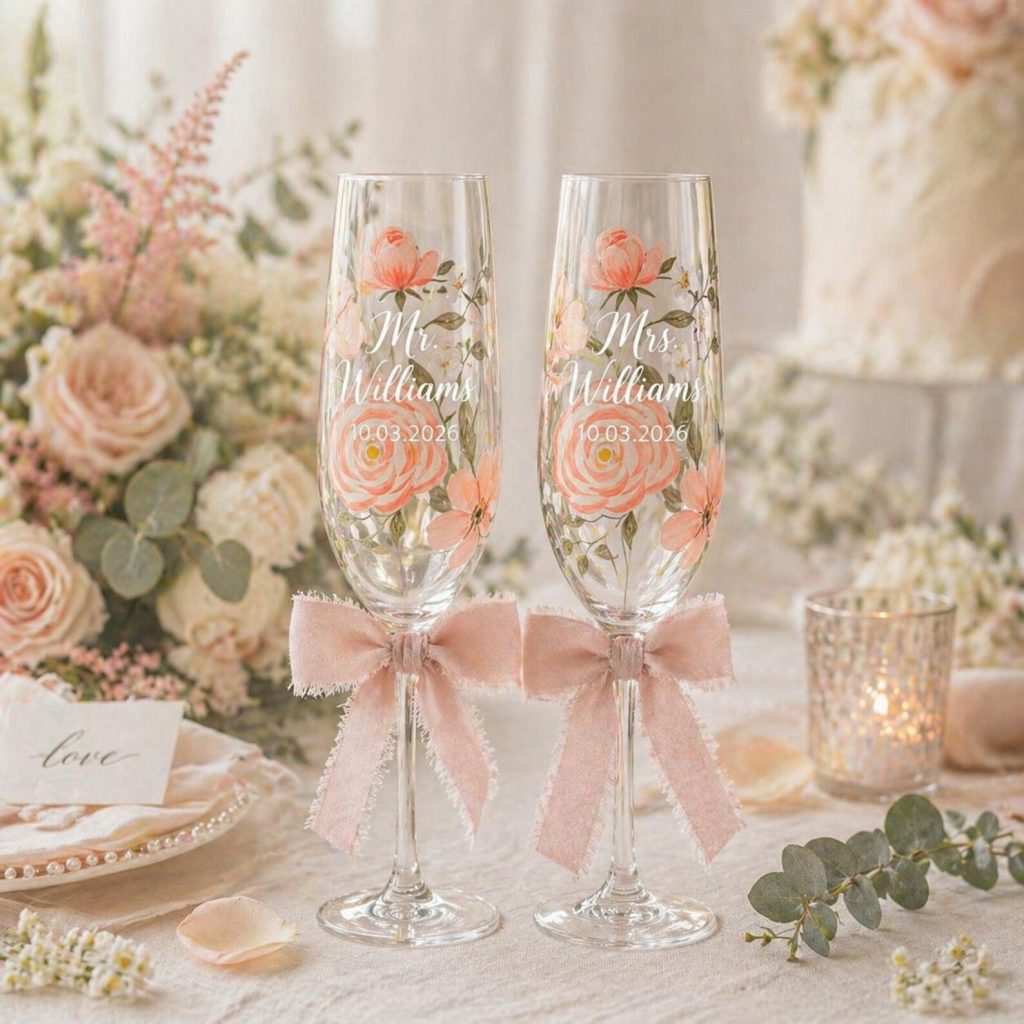 Hand Painted Blush Ranunculus & Sage Green Toasting Flutes