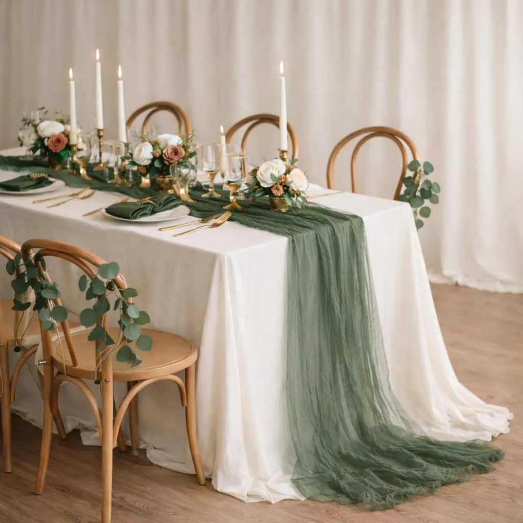 Rooted Romance Wedding Olive Green Gauze Table Runner