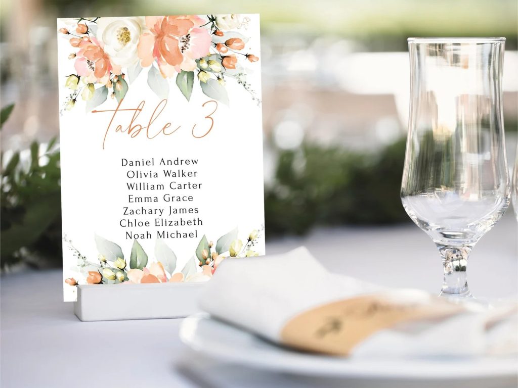 Peach Floral Wedding Table Card Printable