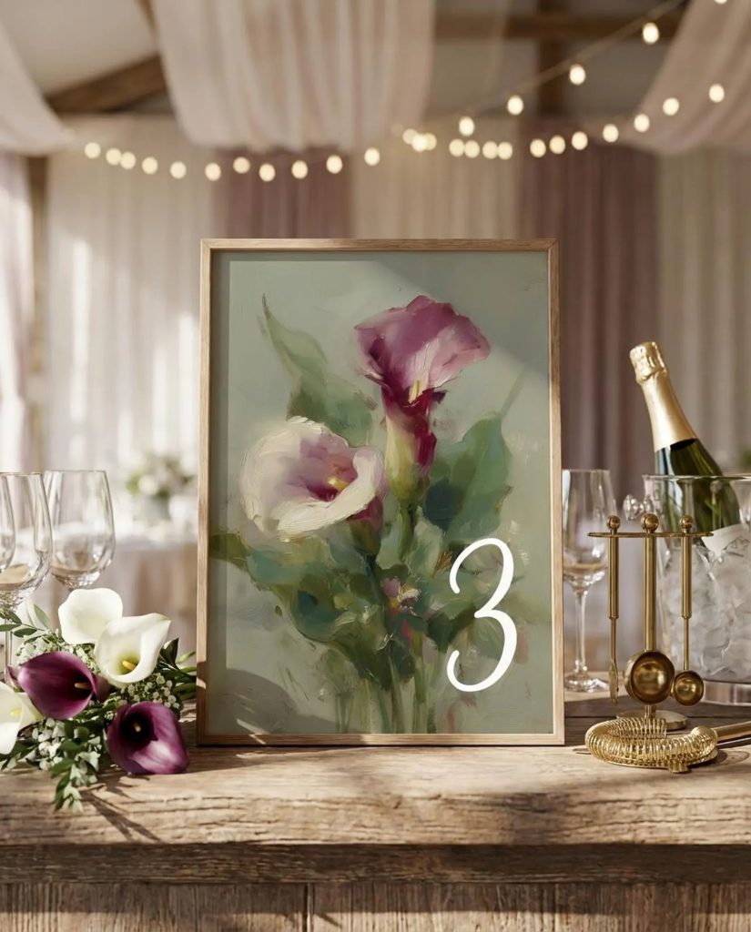 Rooted Romance Wedding Plum Olive Green Calla Lilly Table Number Printable